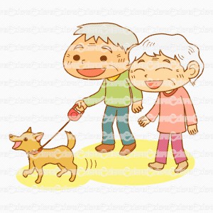 老夫婦と犬散歩